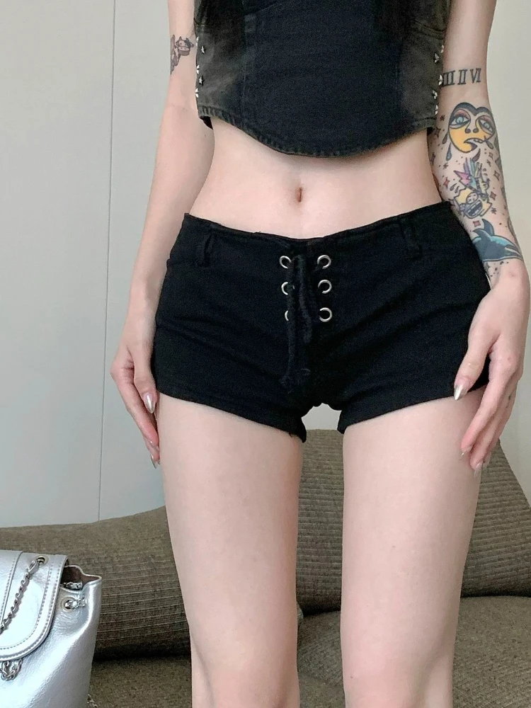 Black Y2k Low Rise Short Pants For Women Sexy Slim Fit Stretch Bodycon Hot Shorts With Straps Spring Summer Trendy Clothing​