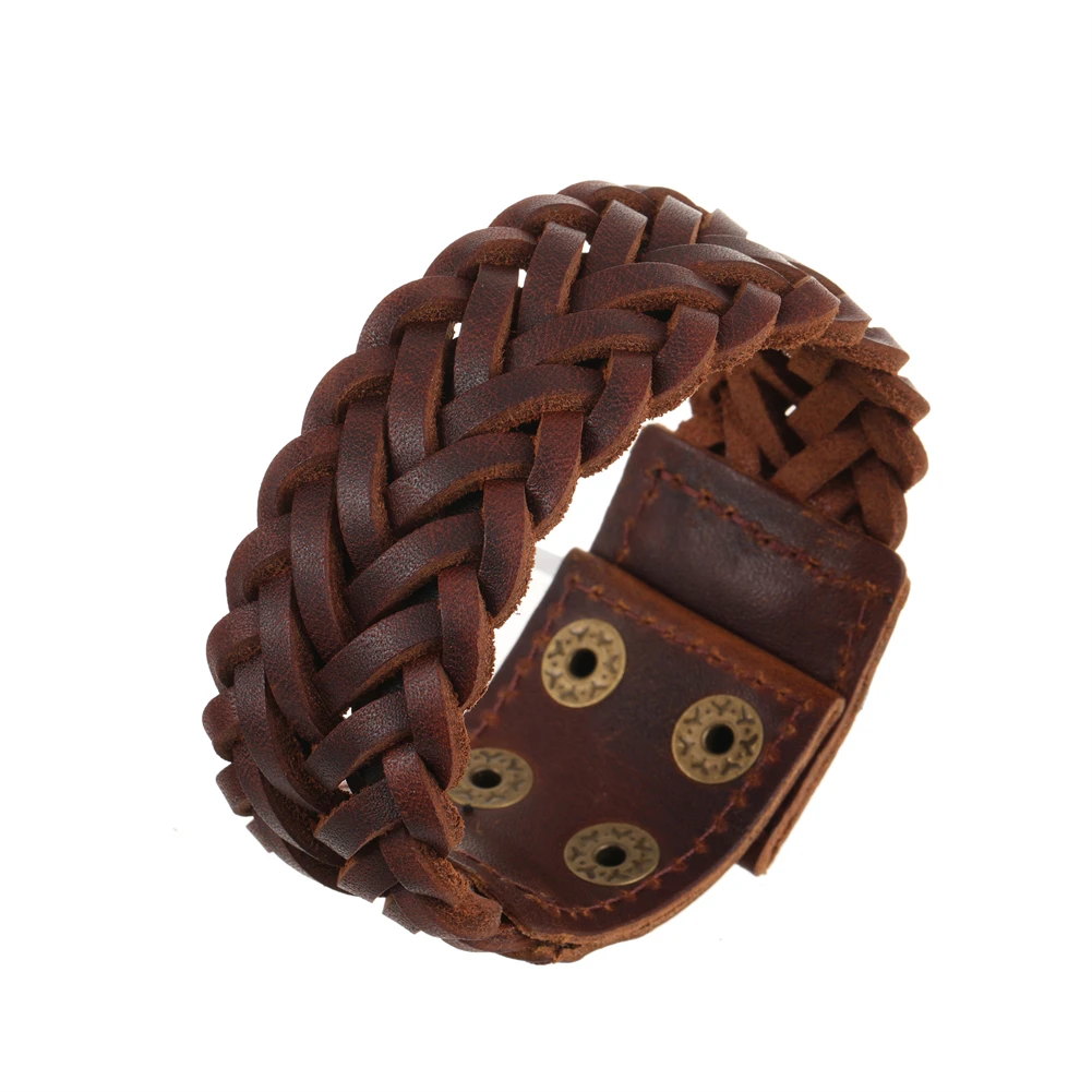 2024 Trend Jewelry Handmade Weave Genuine Leather Bracelet Men Vintage Cuff Wide Leather Bracelet Pulsera Hombre