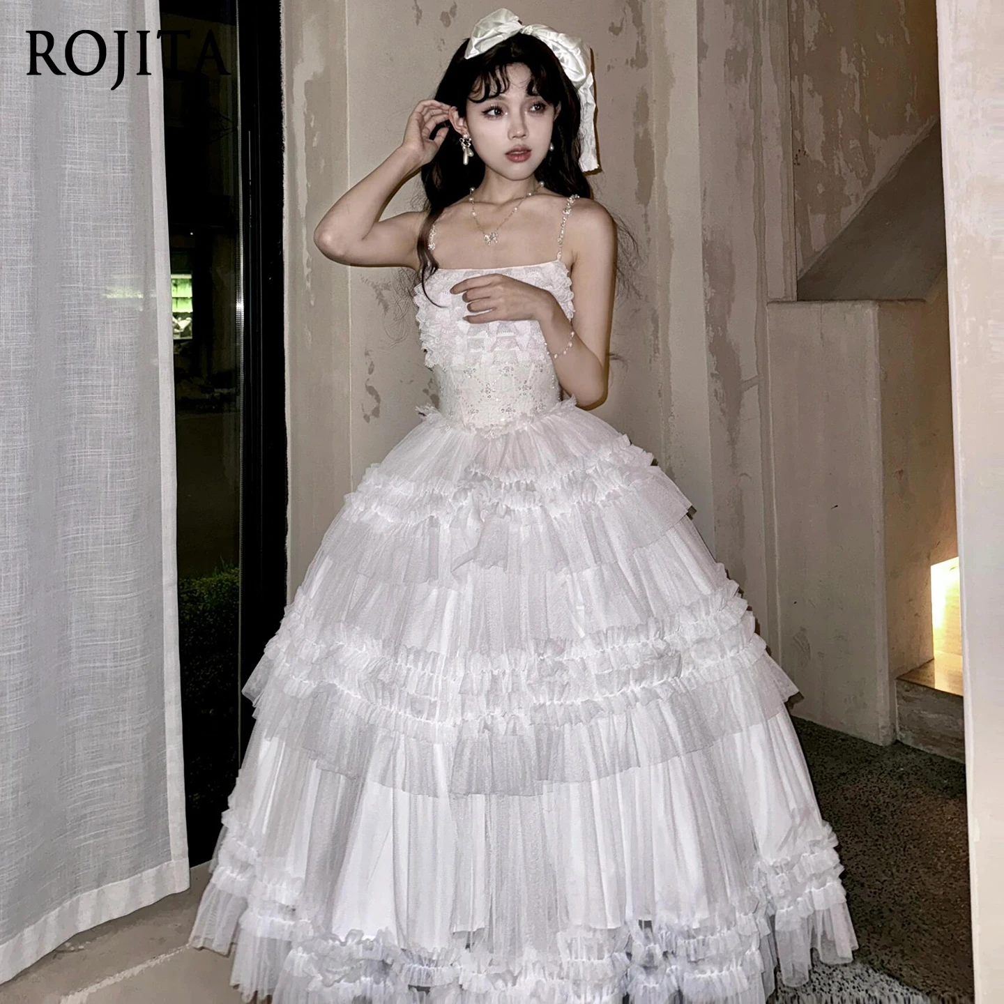 

Light Luxury Temperament Daily White Dress Lolita Sweet Beautiful Women High-end High Waist Lace Birthday Party Long Dresses