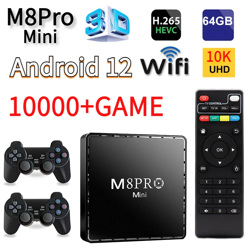 M8Pro Mini Video Game Console 10K 64G 10000 Retro Games Android 12 Smart TV Box iptv Wi-Fi 2.4G Dual System H313 Video Game