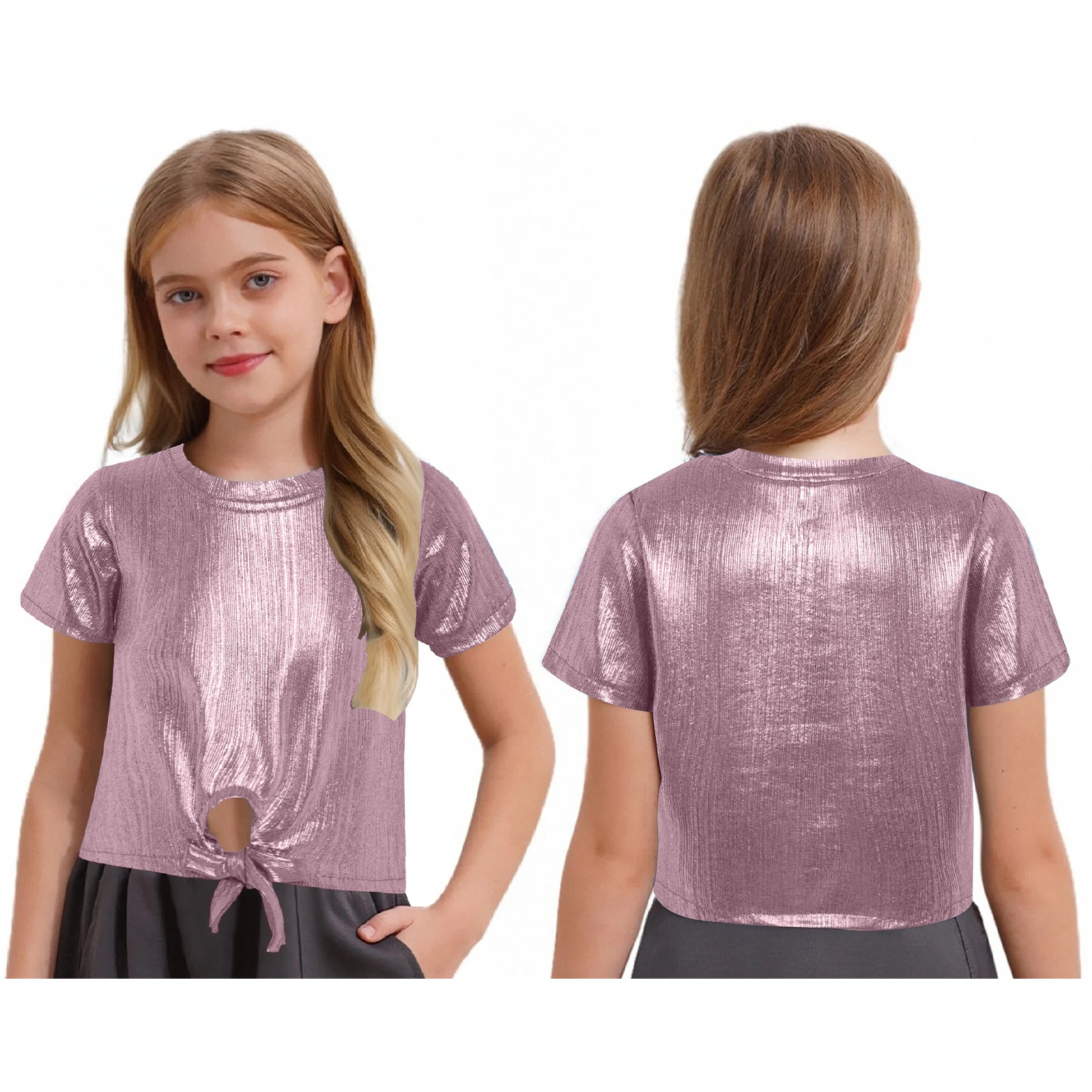 Zomer Kids Disco Party Hiphop Tops Korte Mouw T-shirts Meisjes Metallic Geribbelde Kleding Lace-up T-shirt Jazzdanskostuum