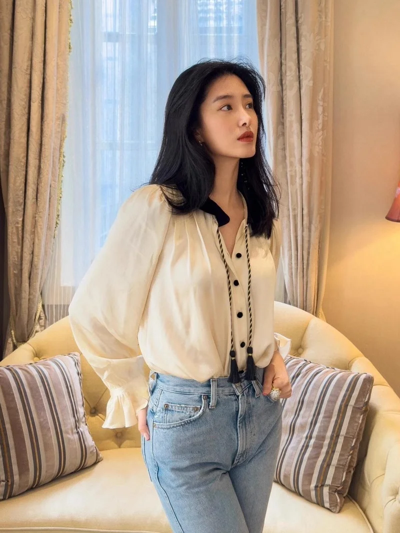 

Ретро-платье с пышными рукавами и воротником-куклой, с поясом, для ранней осени, женское, уникальный дизайн, элегантное.