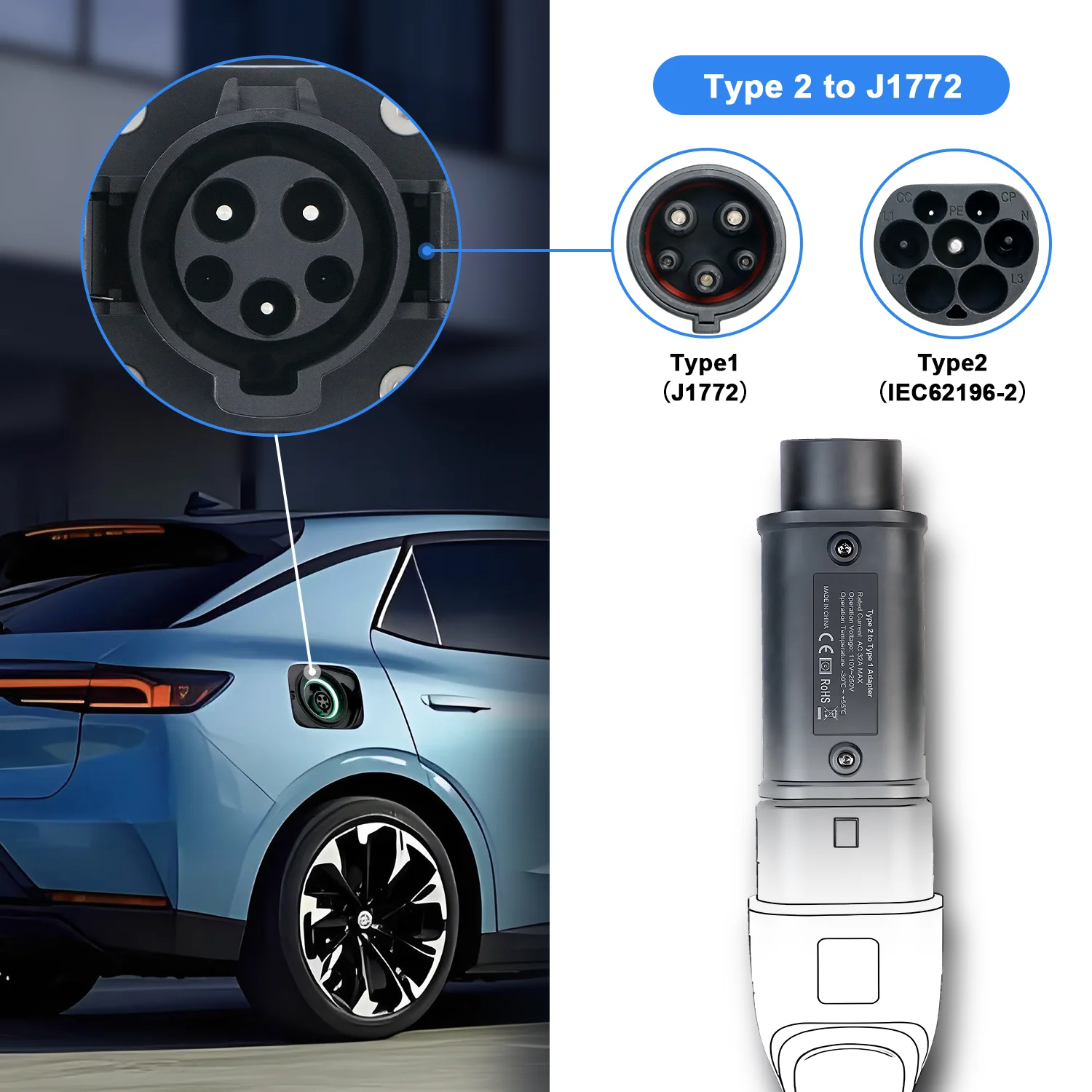 Kolanky  Type 2 To Type 1 EV Charging Adaptor 32A 7.2KW IEC 62169 Female Plug To Sae J1772 Male Socket Charging Electric Vehicle