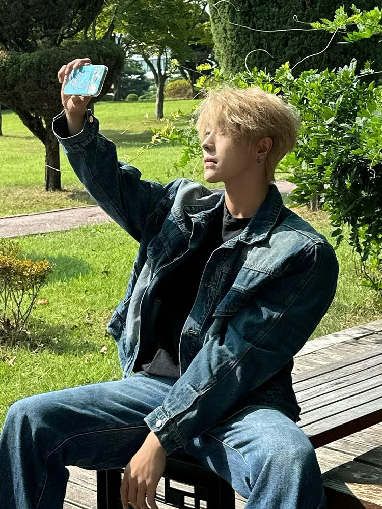 

Cleanfit Blue Waed Denim Jaet Men's Autumn Winter Unique Design American Retro Jaet Trendy Loose Fit Anti-Wrinkle Cotto...