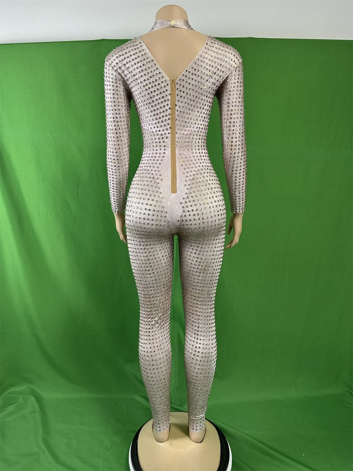 Kombinezony damskie ze spandexu, elastyczne, w całości wysadzane cyrkoniami, błyszczące, do tańca na rurze, dla DJ-ek, DS, do klubu nocnego, srebrne stroje, kostiumy drag queen.