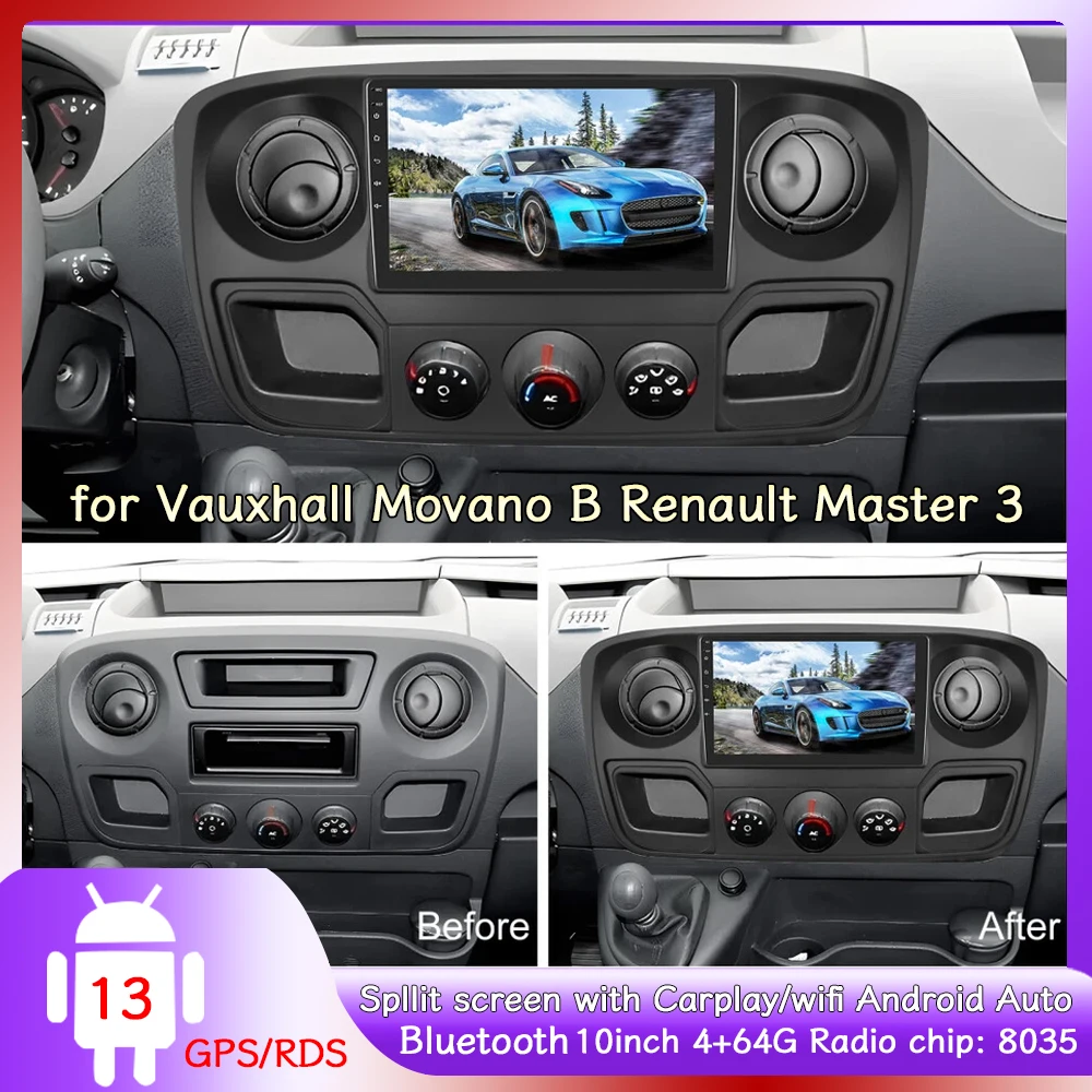 Reprodutor de vídeo multimídia estéreo para carro, navegação gps com android13 carplay android auto para vauxhall movano b renault master 3