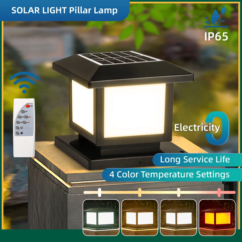 Solar Outdoor Light 4color Dimming Sunlight Light Remote Control LED Pillar Lamps Waterproof Garden Corridor External Decor Lamp