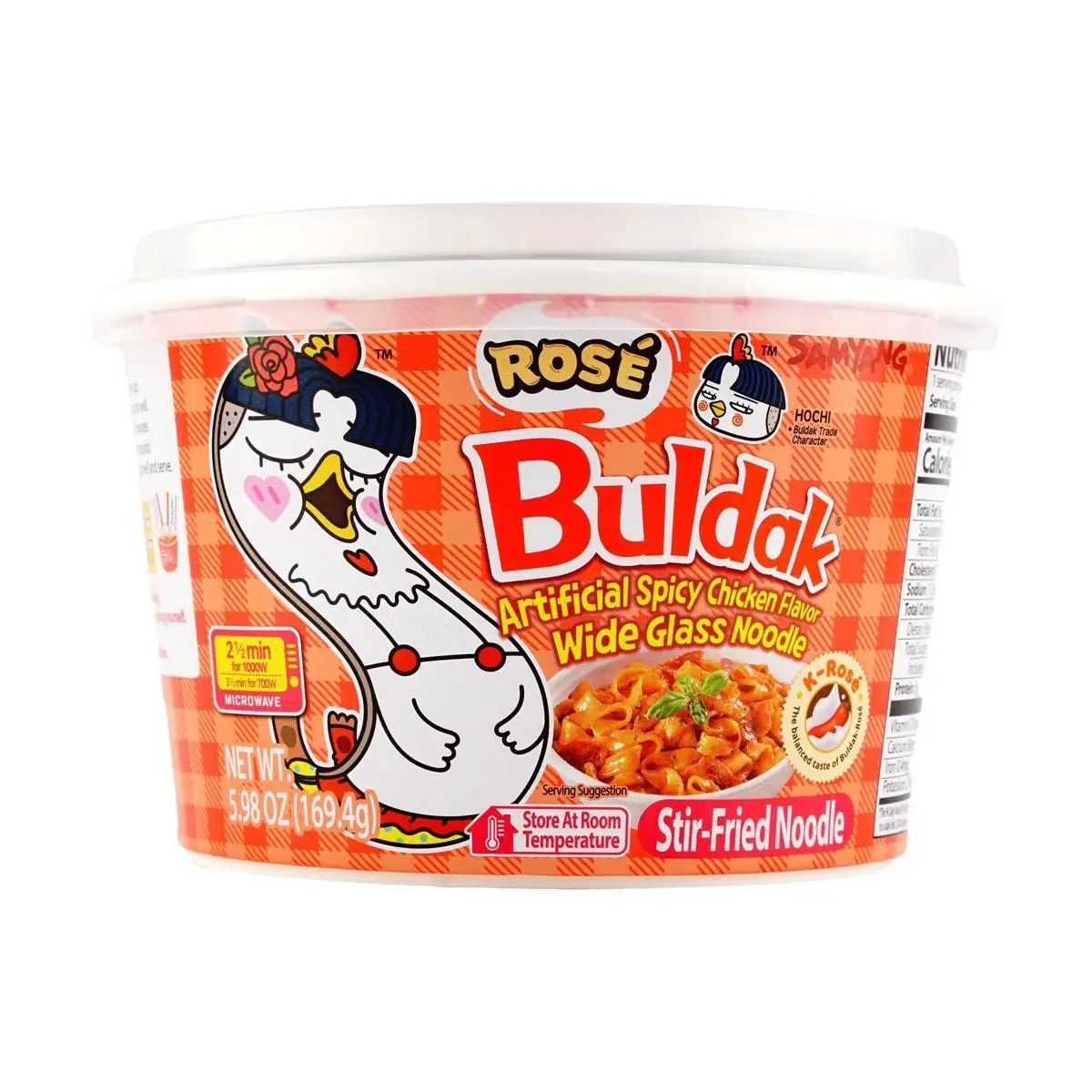 Fideos Buldak de vidrio ancho, sabor a pollo caliente rosa, tazón de 5,98 oz, 169,40g, 3 paquetes