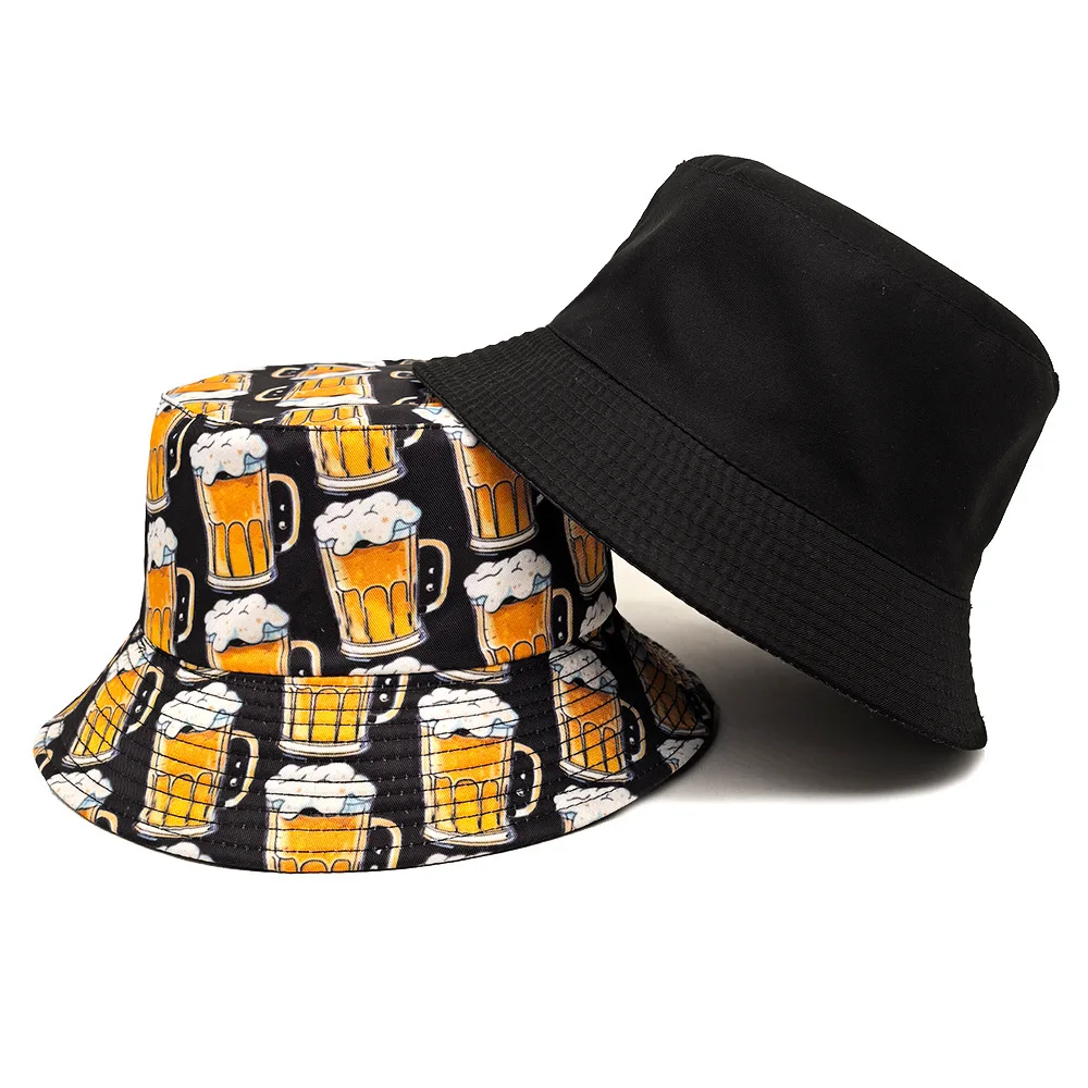 Cartoon Beer Bucket Hat Beer Printing Pattern Fisherman Hats Double Sides Polyester Panama Cap Unisex Outdoor Beach Travel New