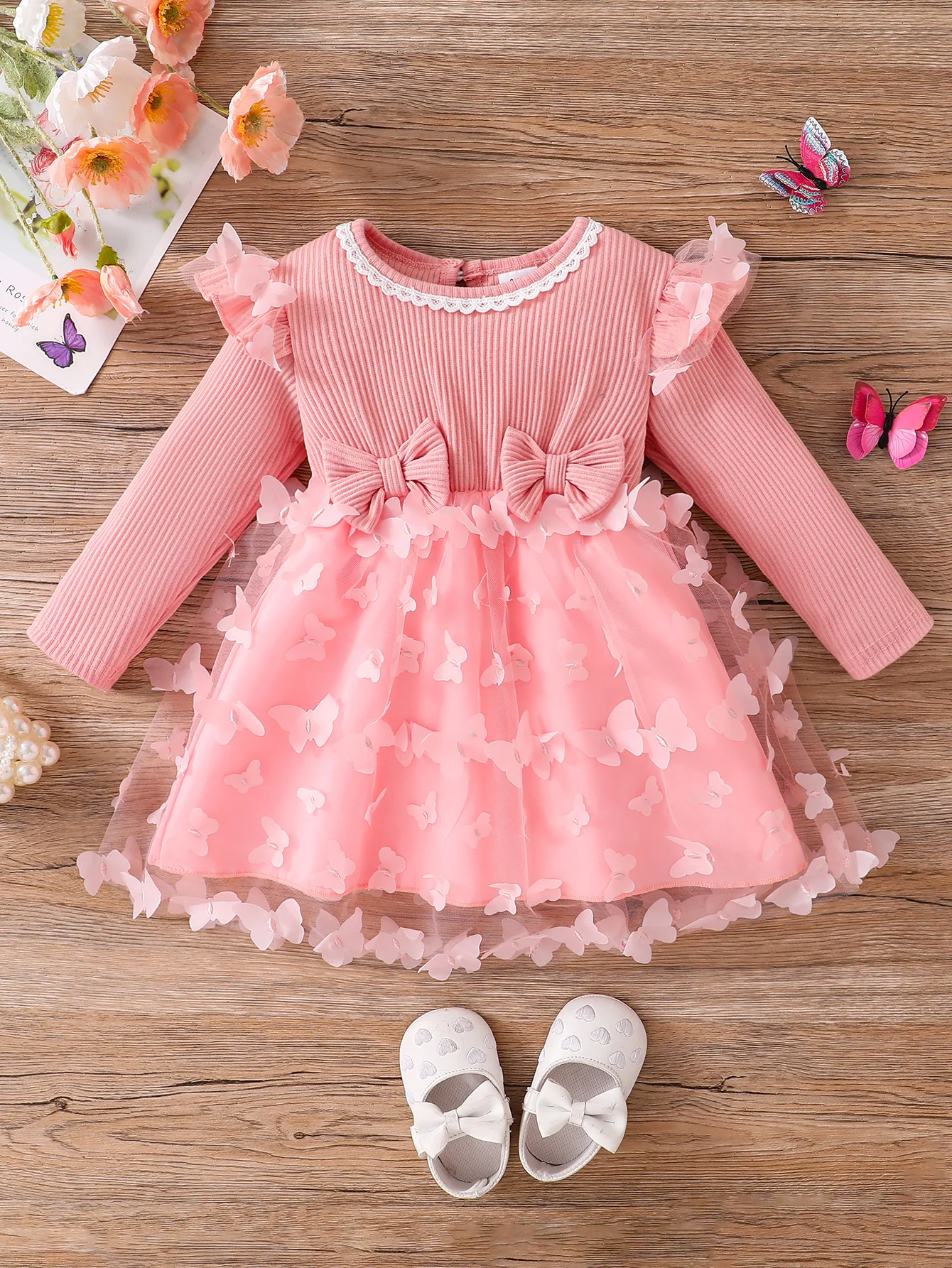 

1-Piece Set: Baby Girl Spring and Autumn Thin Dress Outfit, Baby Girl Lace Round Neck Dress with Butterfly Print Pattern, 3D Bow Decoration, Elastic Waist, Puffy Tulle Skirt, Long-Sleeve Dress, Cute Lace Decoration, Elegant and Sweet Princess Dress, Versa