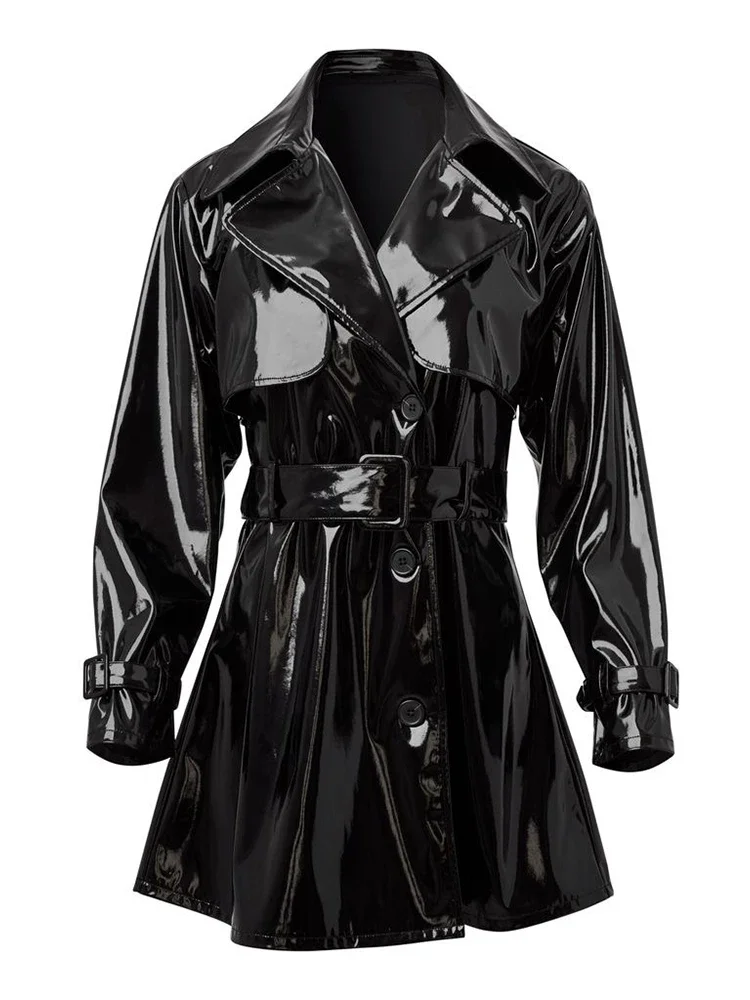 Women Shiny Faux Leather Jacket Overcoat Ladies Solid Color Glossy PU Waterproof Trench Coat With Belt Sexy Gothic Casual Custom