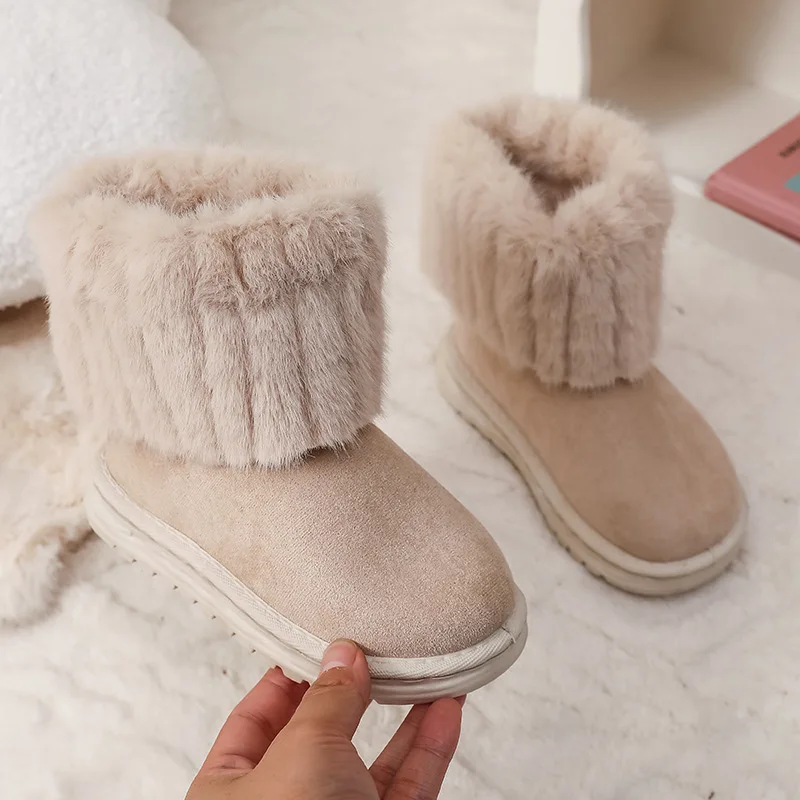 2026 Winter Classic Children Furry Snow Boots Beige Outdoor Girls Fashion Ankle Cotton Boots Warm Soft Kids Causal Ankle Boots