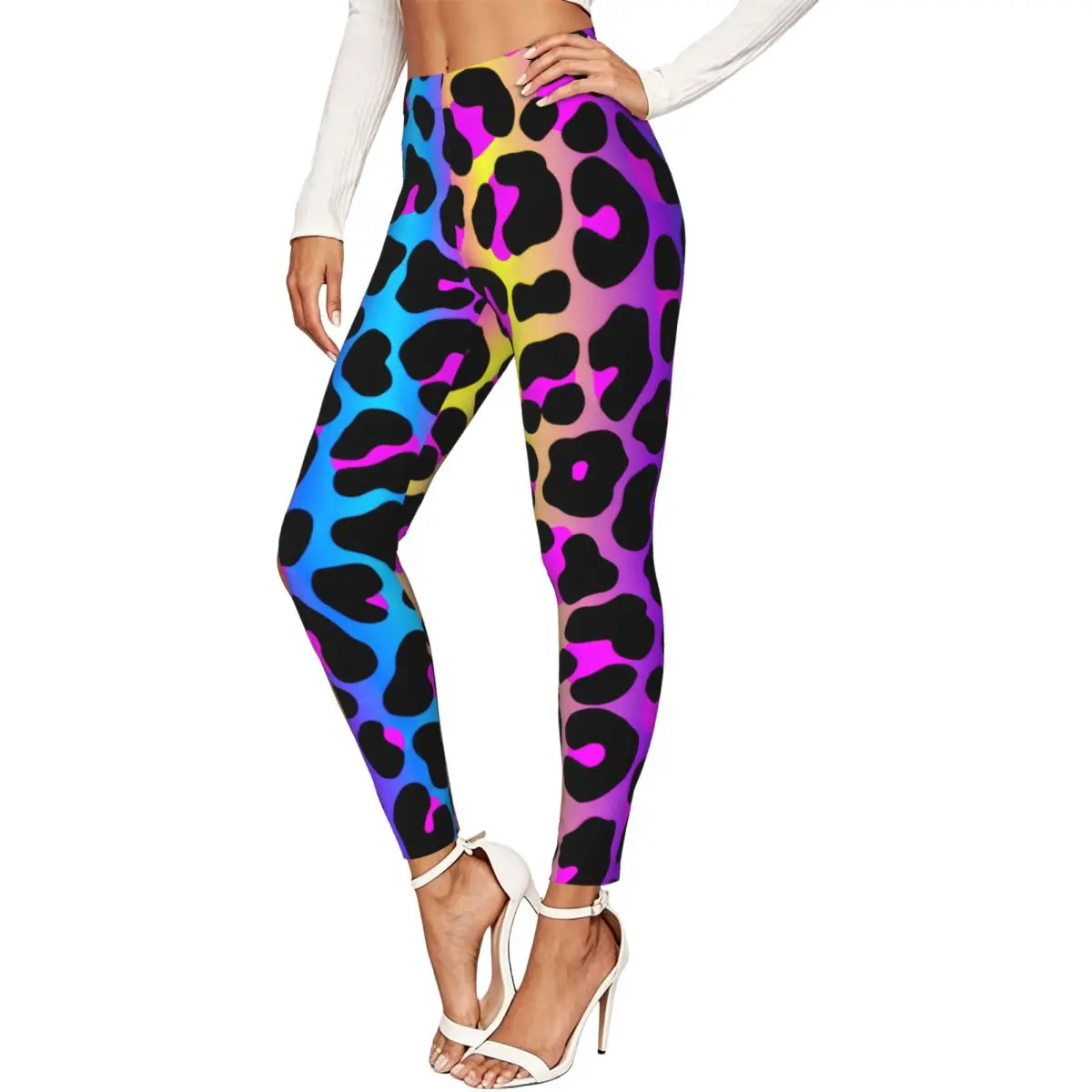 Women High Waist Elastic Leggings Neon Leopard Pattern Slim Fit Stretchy Pants Casual Wear