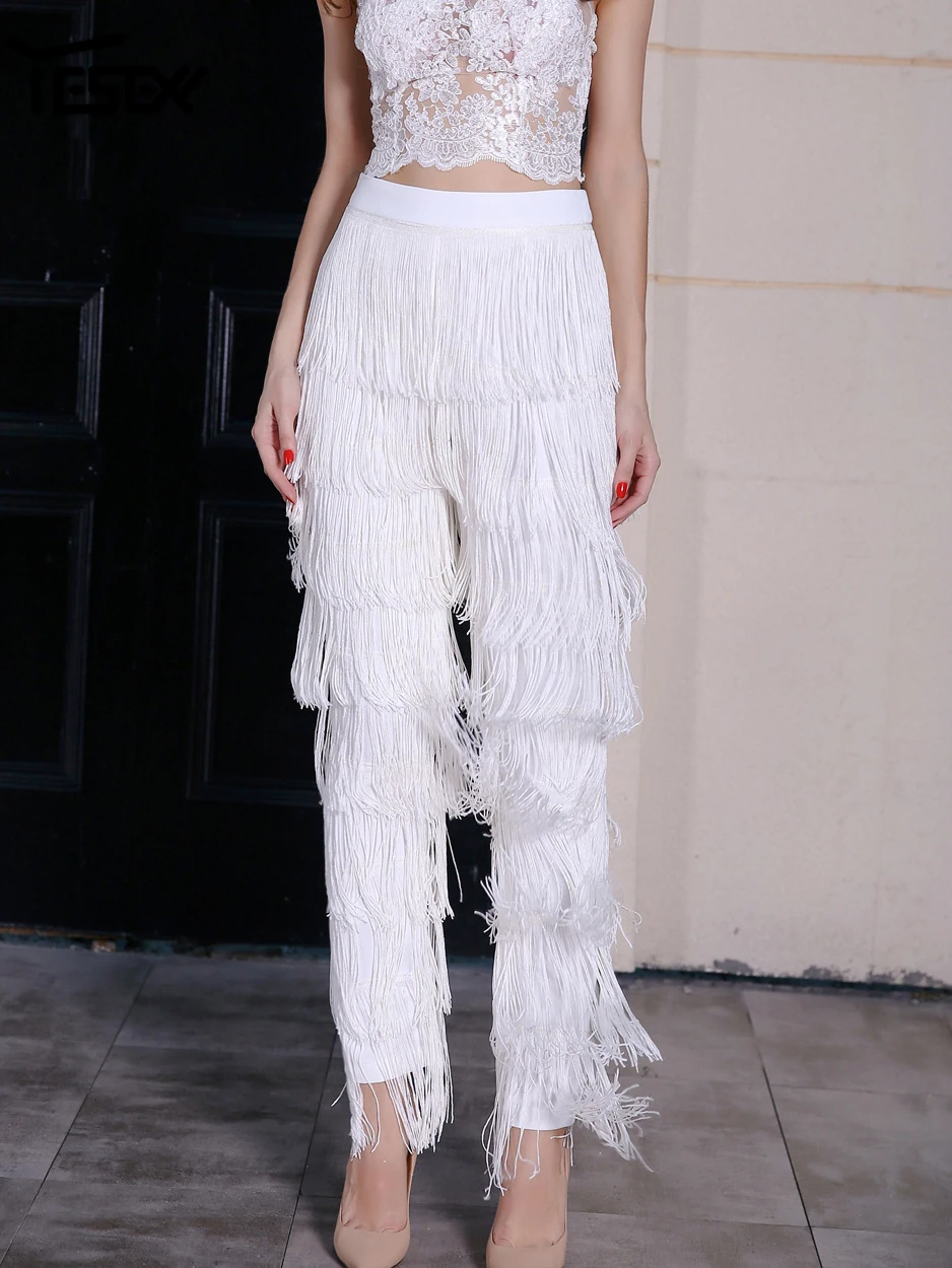 Yesexy New Fringed Dance Pants Zipper Pants Tassels Sexy Elegant High Waist Fashion Versatile Black White Pants