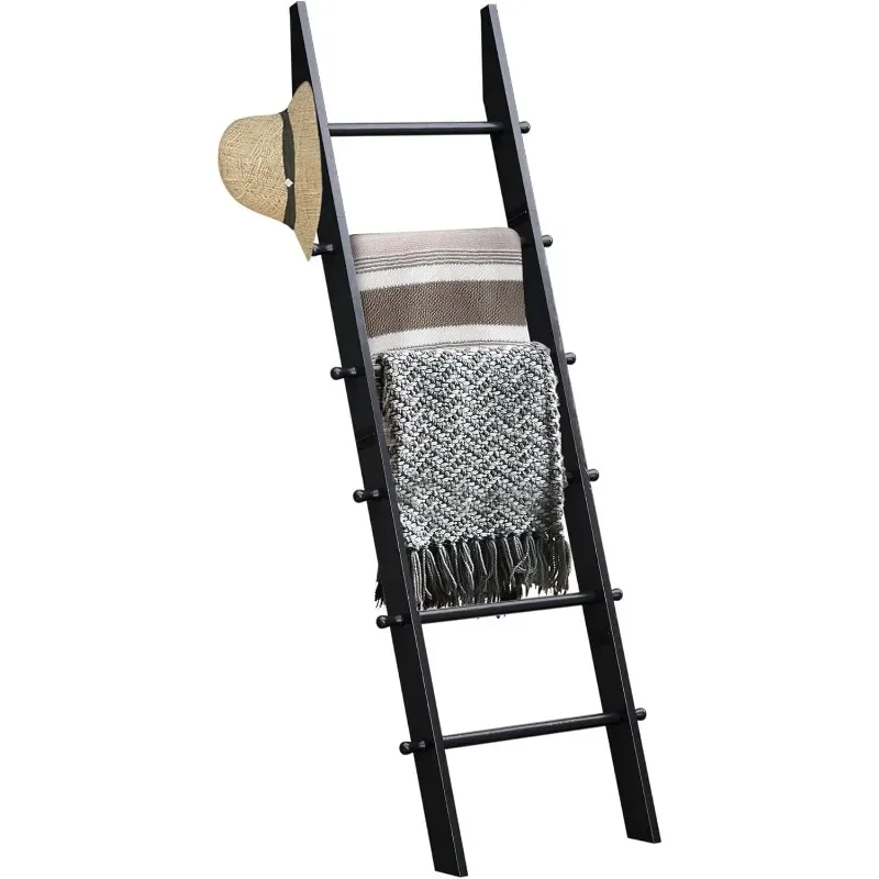 6-Tier Blanket Ladder with Hanging Knobs, 5.5 Ft Wall Leaning Blanket Ladders for Living Room Bedroom, Rustic Decorative