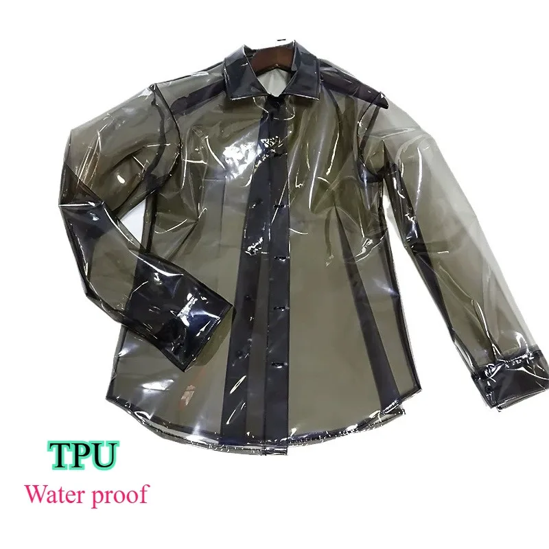 Men Womaen TPU Plastic Shirt Women Sexy Gloss Transparent Wateproof Long Sleeve Couple Erotic Tops Private Party Stage