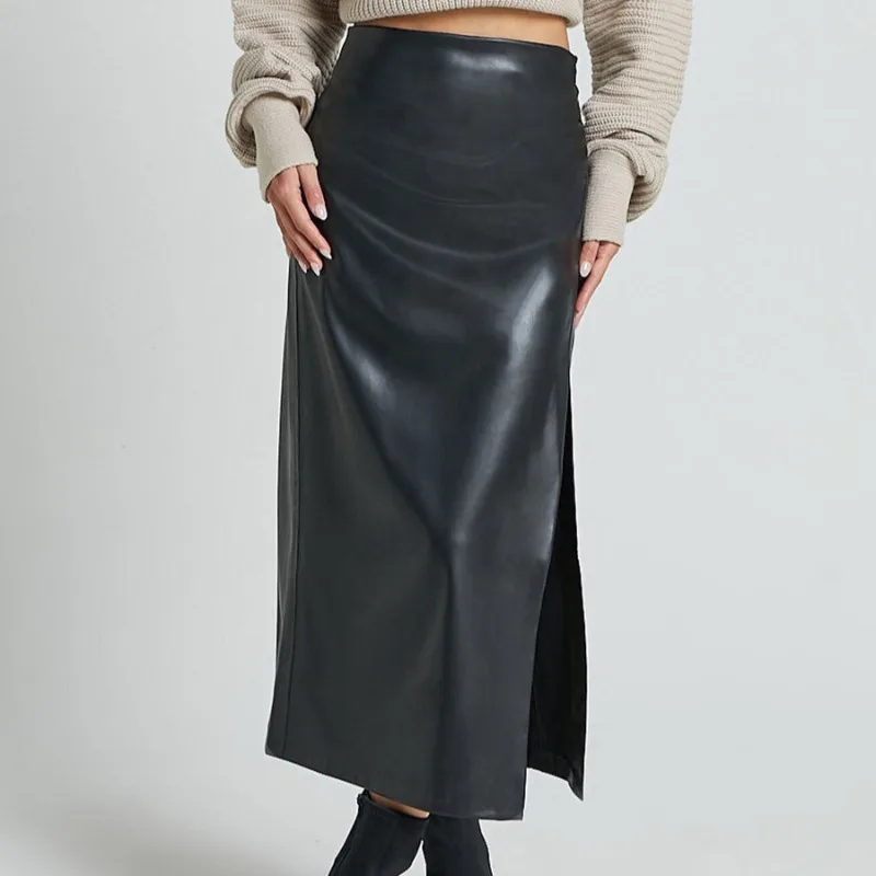 Faux Leather Moto Maxi Skirt High Waisted Side Zip Pencil Skirt Vegan Pu Split Slit Long Skirt for Women Edgy Bodycon comfort