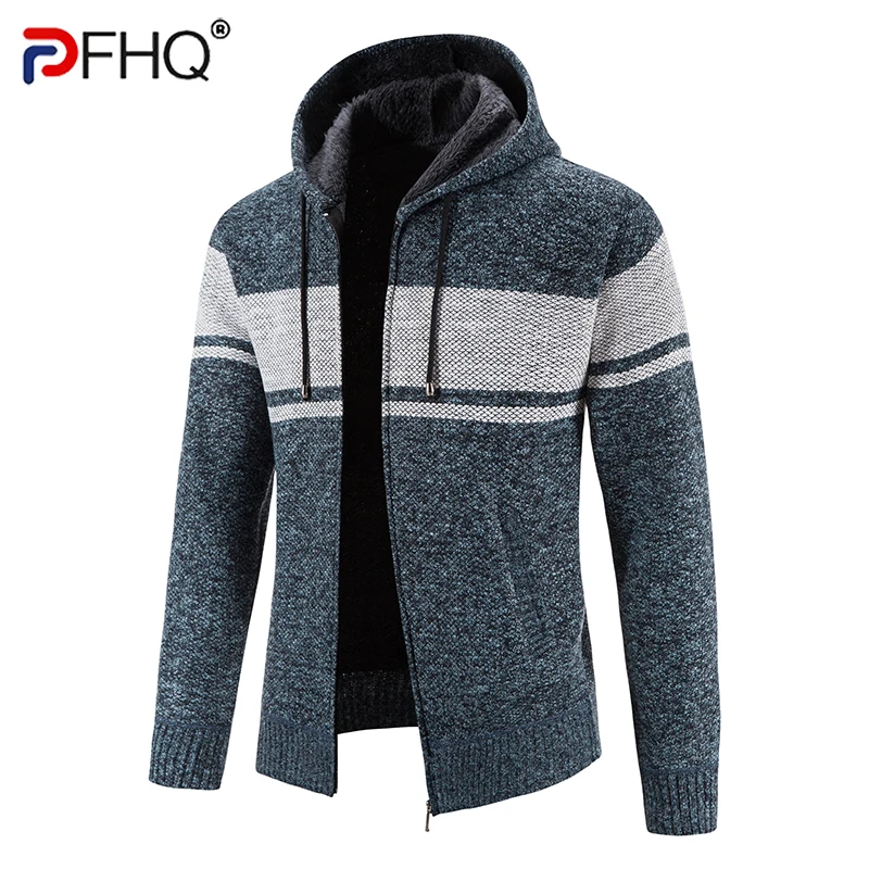 

PFHQ Hooded Cardigan Thick Men's Knitted Contrast Color Long Sleeve 2024 Korea Fashion Casual Male Tops Loose 21Z5650