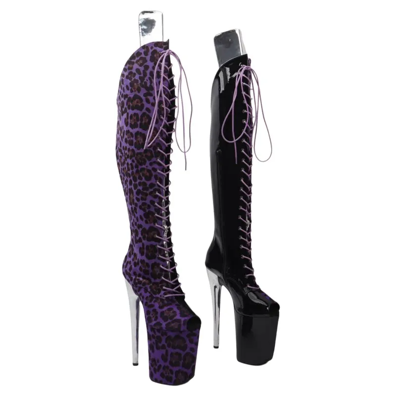 Leecabe  23CM/9inches shiny PU mix suede Leopard mix color Trend fashion high Heel platform stripper heels Pole Dance boots