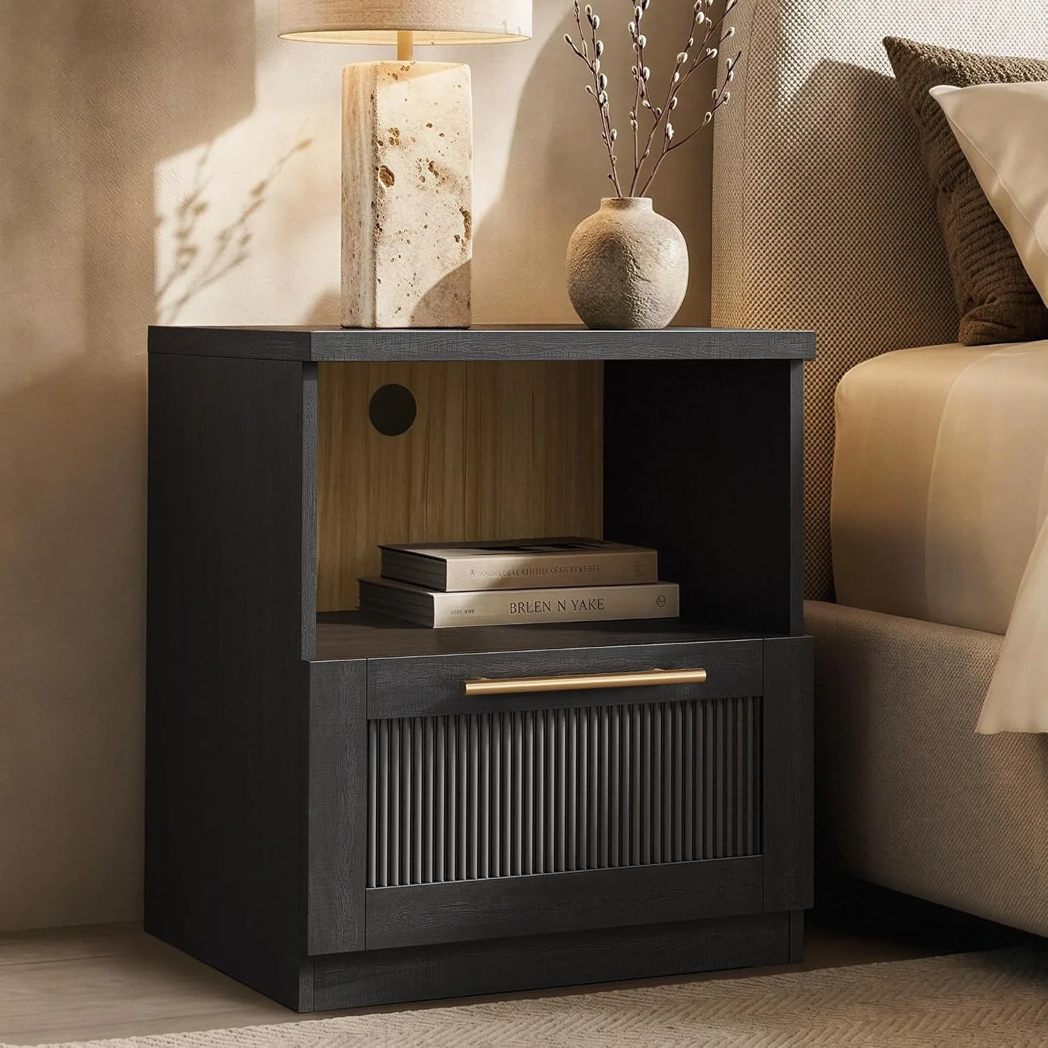 2PCS 18.5Inch Modular Modern Nightstands With Soft-Close Drawer Open Shelf Interior Furniture Bedroom Accent End Side Custom