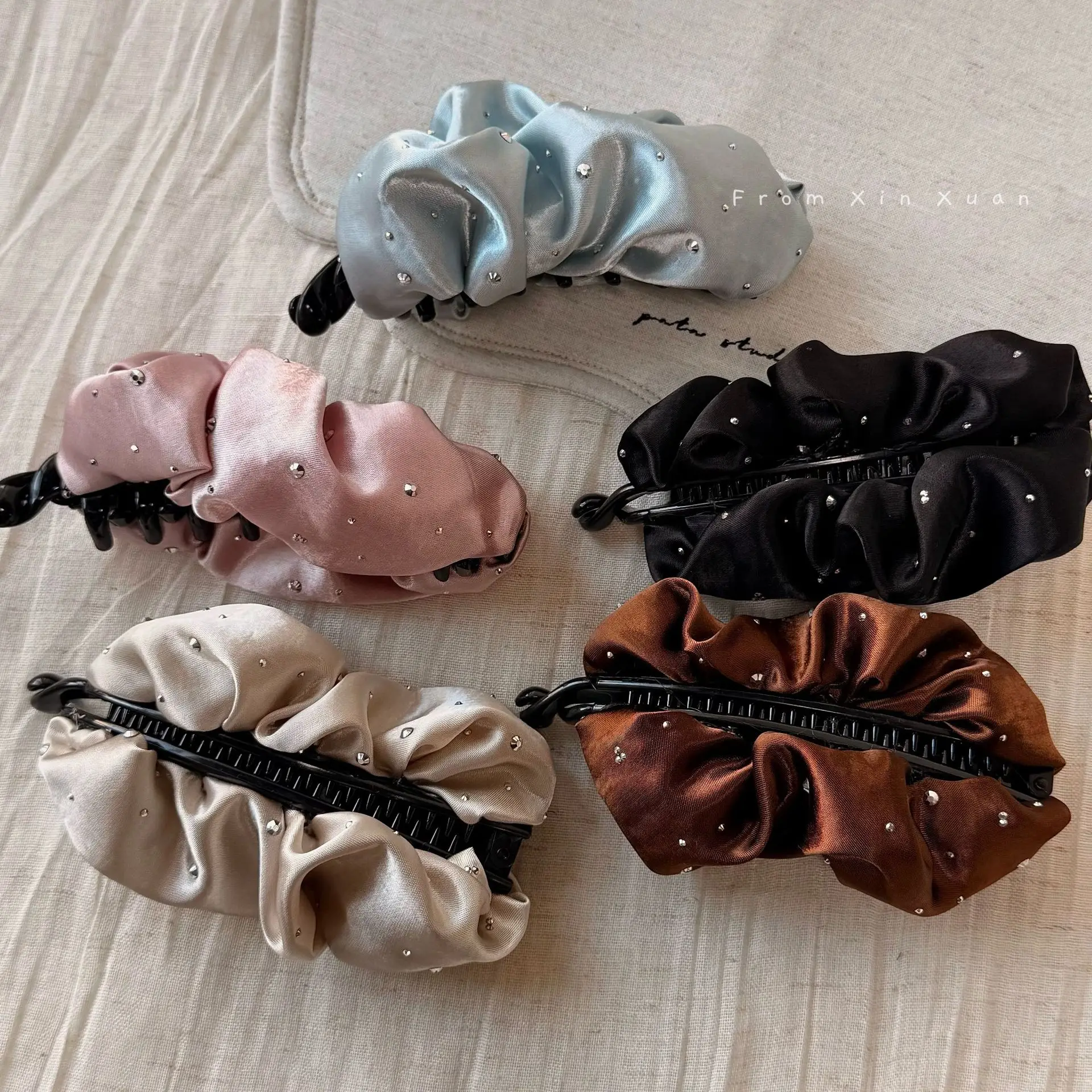 

Banana Clip Rhinestone Satin Ruffled Solid Color Large Volumizing Daily Versatile Lightweight Non Slip Premium Quality
