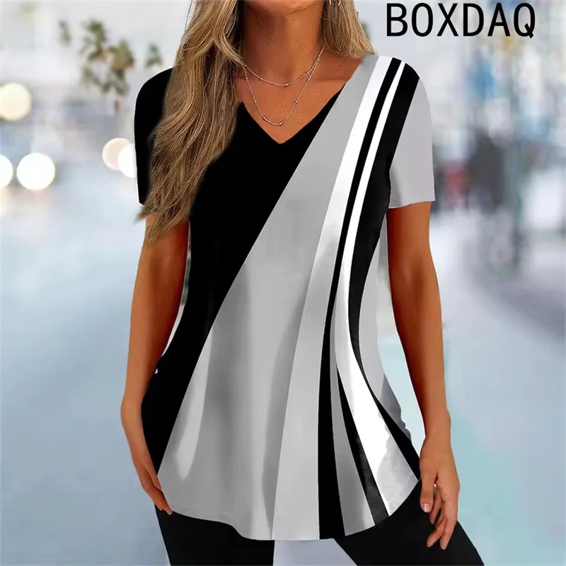 

Fashion Colored Line Printed T-shirt Women's Summer Short Sleeved V-neck Harajuku Casual Tops Big Size Female Streetwear Tops