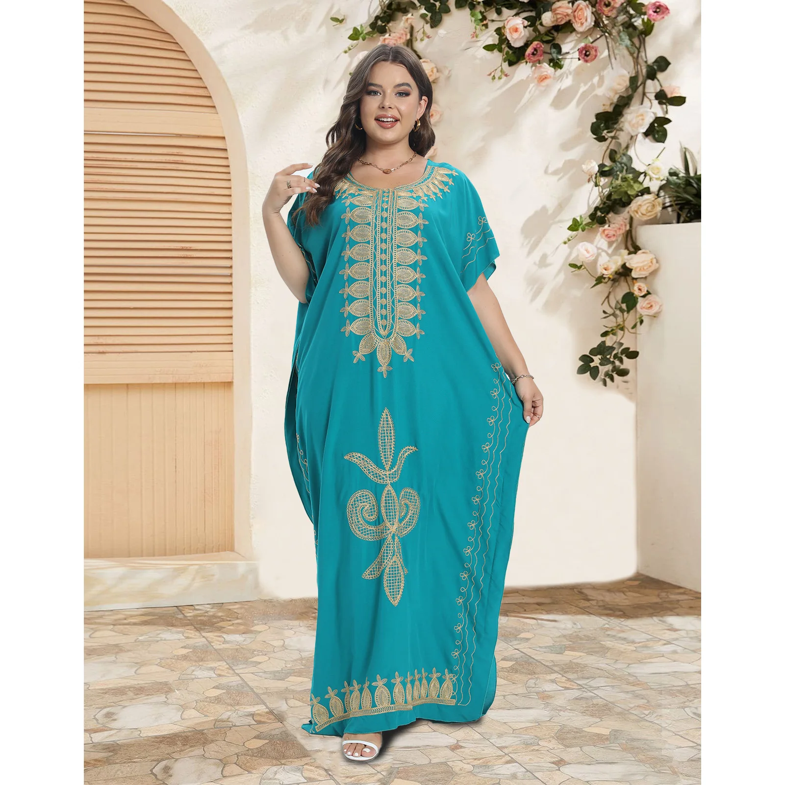 

2 Pieces Set Summer Moroccan African Lady Summer Short Sleeve Dresses 100% Cotton Abaya O-neck Jilbab Plus Size Caftan