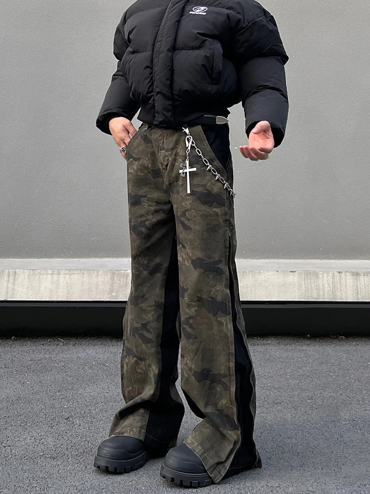 

American High Street Heavyweight Zipper Camouflage Bell Bottom Jeans Casual Loose Straight Leg Wide Leg Denim Jeans