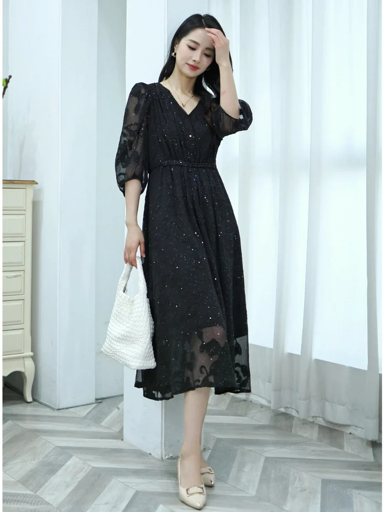 

Bla Silk Dr Women's 2025 New Summer V-ne Embroidery Mom Ele plus Size Silk Long Dr Commute High Waist ...