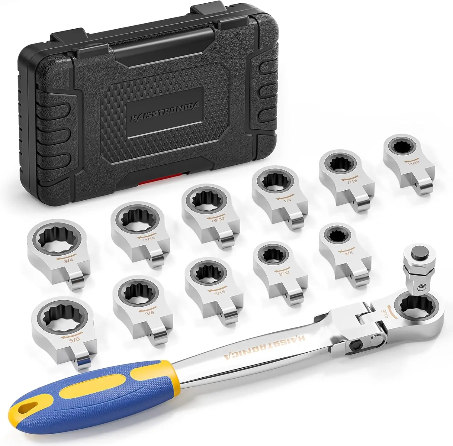 13pcs Flex-Head Ratcheting Combination Wrench Set with 3/8 in Adapter, SAE 1/4-3/4 inch Ratchet Wrench Tool for Auto