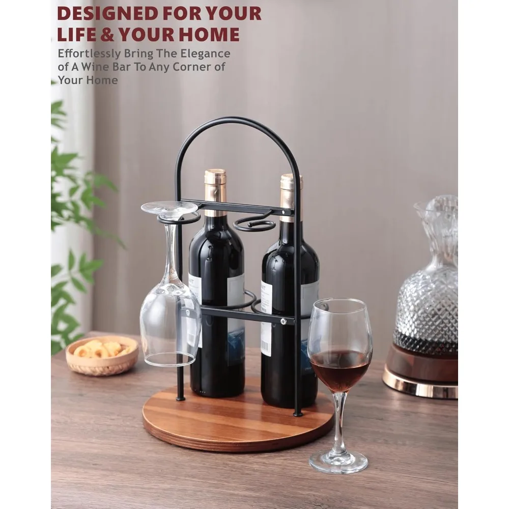 زجاجة نبيذ وحامل زجاجي للكونترتوب |   رف نبيذ صغير لزجاجتين و2 كوب |   تخزين النبيذ الحديث على سطح الطاولة مع جولة