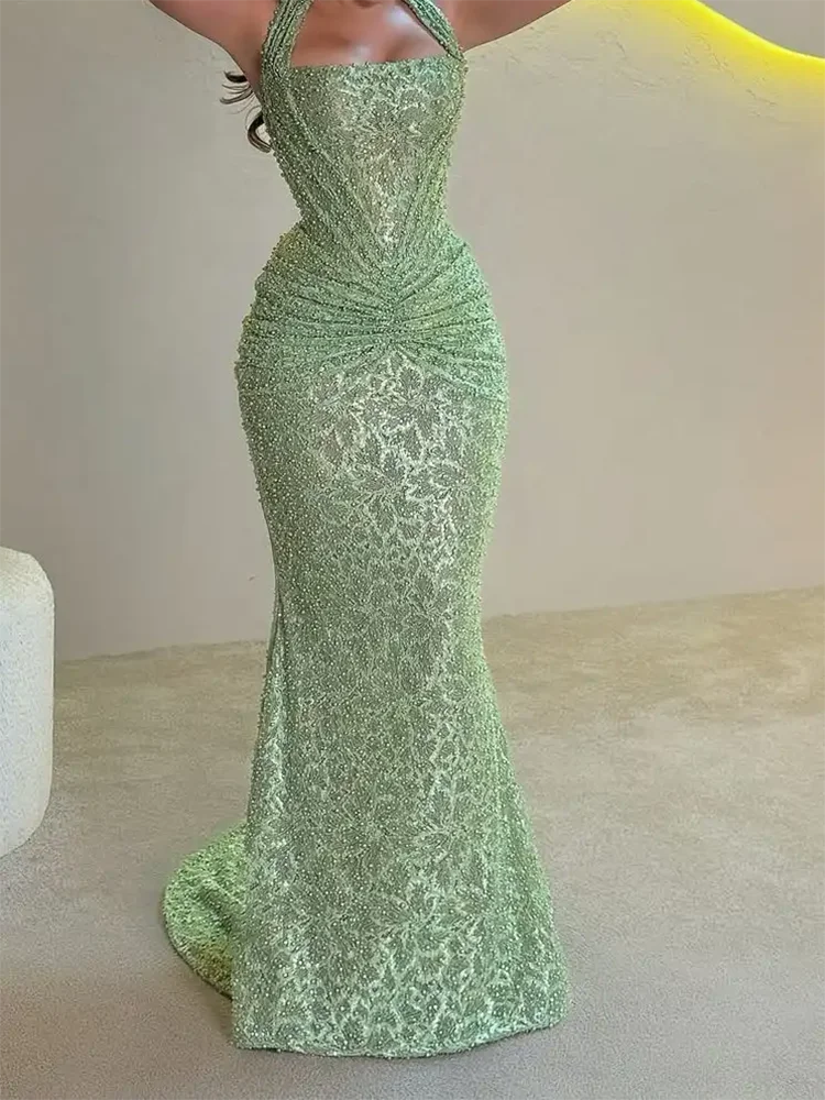 Sext licou sans manches perles sirène robes de soirée formelles fête d'anniversaire robes de bal personnalisé