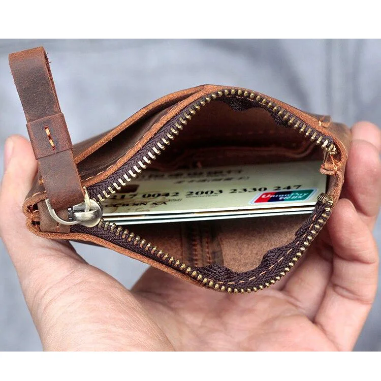 크레이지 호스 가죽 동전 지갑 남성용, 진짜 가죽 지퍼 가죽 파우치, 레트로 키홀더, 작은 돈 가방, 클러치 백
