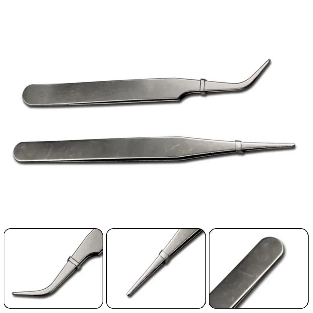 2pcs Stainless Steel Mini Tweezers Dismantling Repair Hand Tools Curved/Straight/Tip Silver Tweezers For Pick Up Small Parts