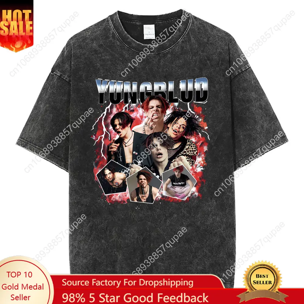

Washed Vintage Yungblud Printed T-shirt Men Women Casual 100% Cotton Short Sleeve Tops Unisex Hip Hop Alternative Rock T Shirts
