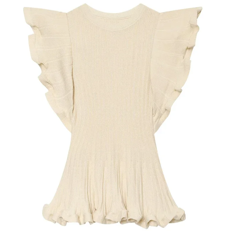 HXAO 2026 Women's Rib Knit Jumper Autumn Waves Ruffled Cropped Pullover Elegant Sleeveless Fitted Sweaters Chic High Street Vest