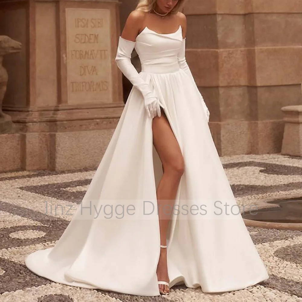 Satin Wedding Dress White Strapless A Line Criss-Cross Split Wedding Gowns for Women 2024 Bride Sweep Train Elegant Bridal Dress