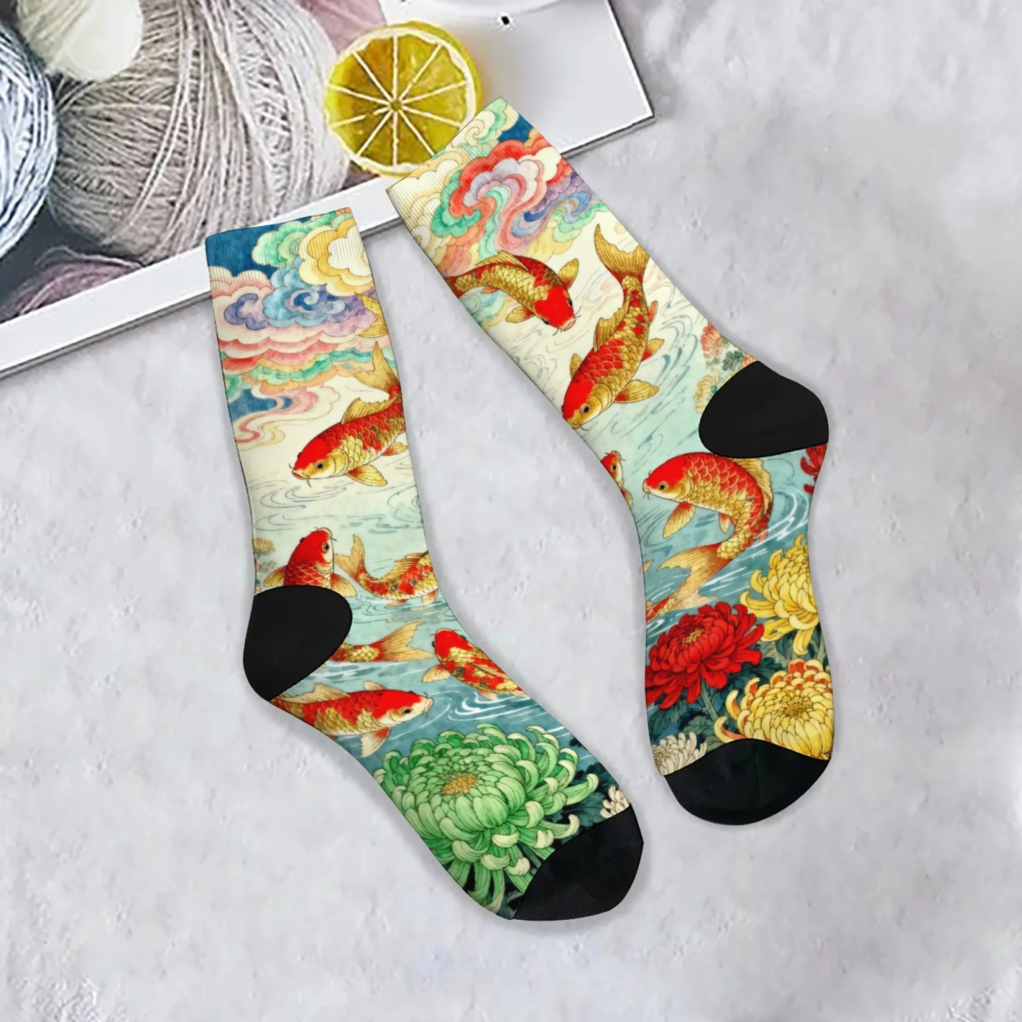 Eastern Mythology Koi Lucky Socks Harajuku Retro-Stil, lässige Mode, Herrensocken, bequeme, atmungsaktive Outdoor-Sportsocken