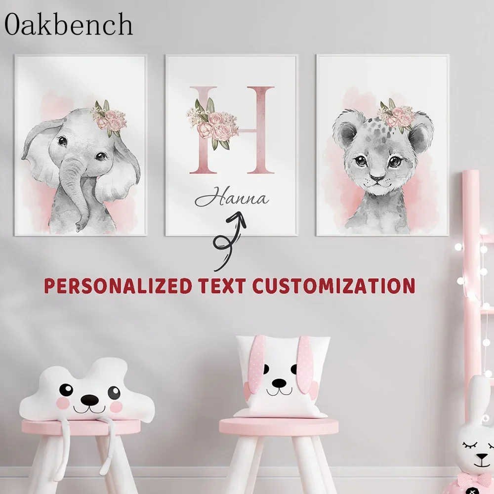 Pink Personalized Name Custom Art Animals Hanging Pictures  Flower Picture Nursery Decor Poster Girls Bedroom Decor No Frame