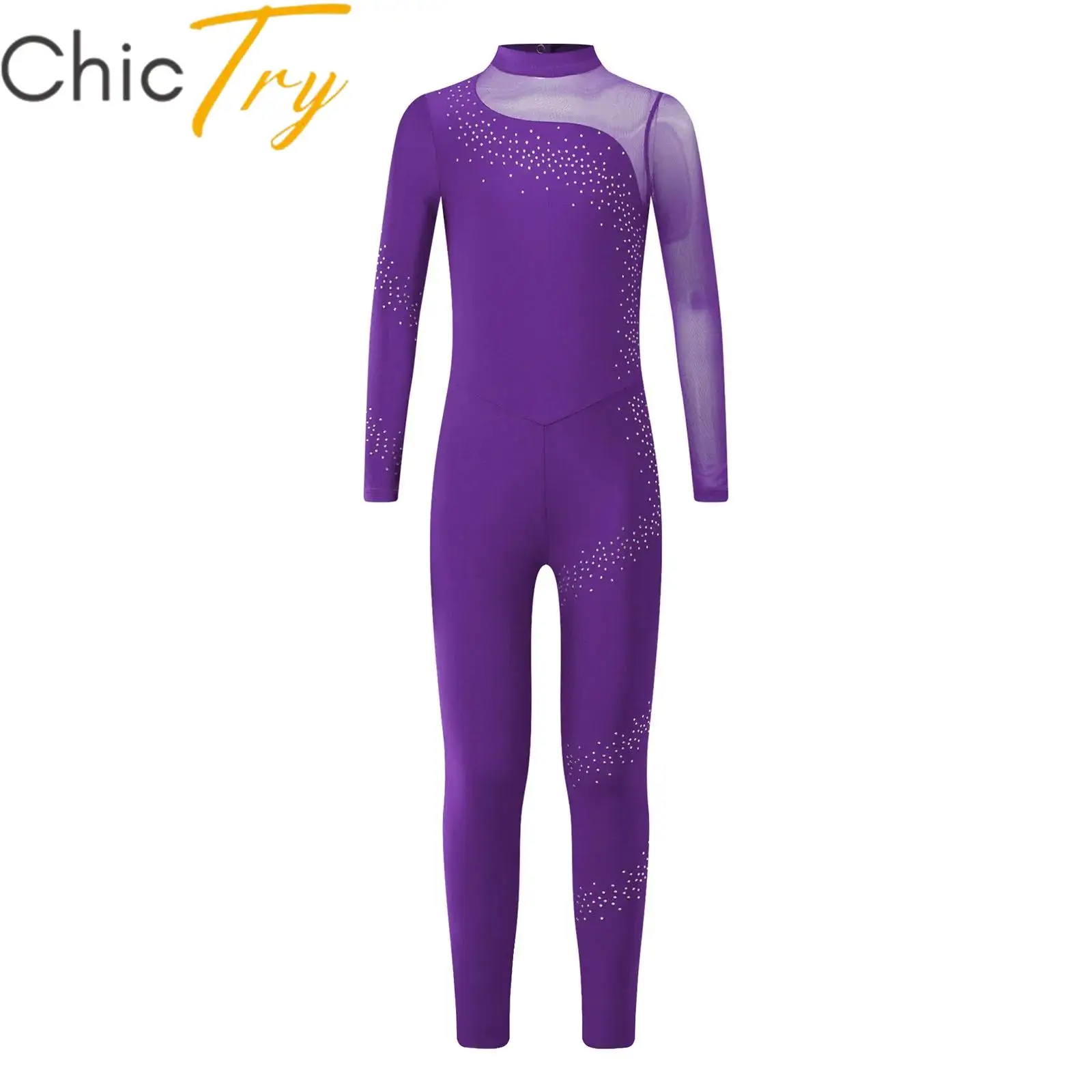 

Kids Girls Ballet Jumpsuit Figure Skating Dancewear Rhinestones Sheer Mesh Long Sleeve Keyhole Back Gymnastics Bodysuit Unitards