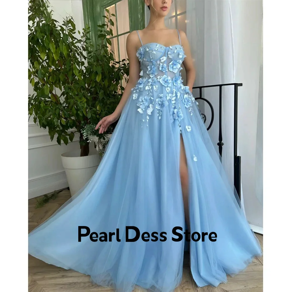 2024 Sweet Princess Dress Thin Shoulder Strap 3D Flower Chest Romantic Evening Dress Blue Dress Ball