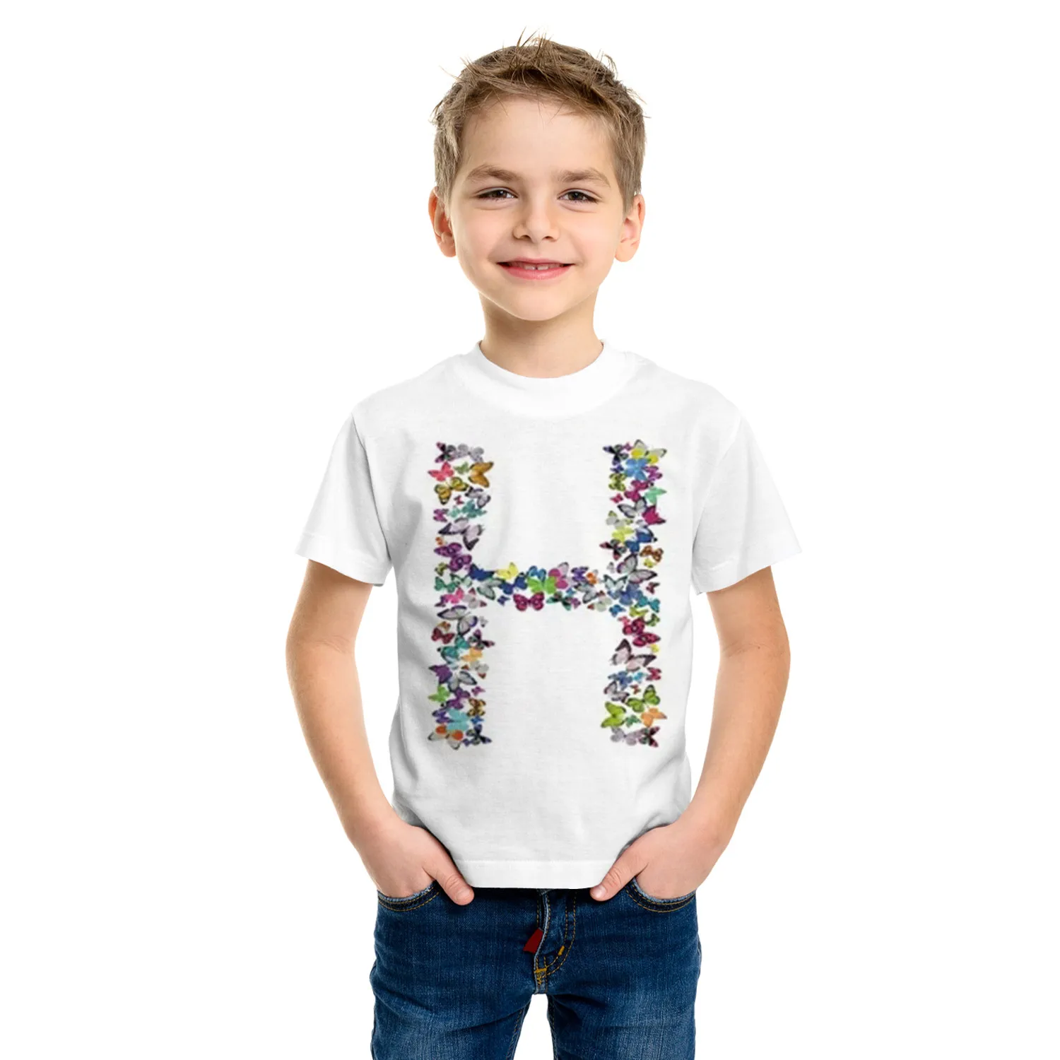 Camiseta con estampado de letras de mariposa para niños, ropa Kawaii para niños, camiseta informal de dibujos animados, Tops de manga corta para niños y niñas