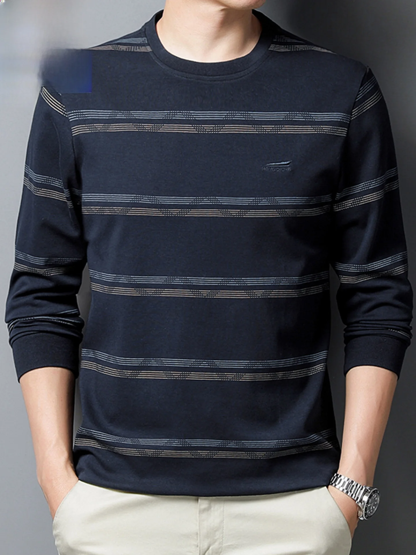 

Spring Autumn Cotton round Ne Long Sve T-irt Casual Dad Clothes Thin Men's Bot irt Faionable Busin Sle