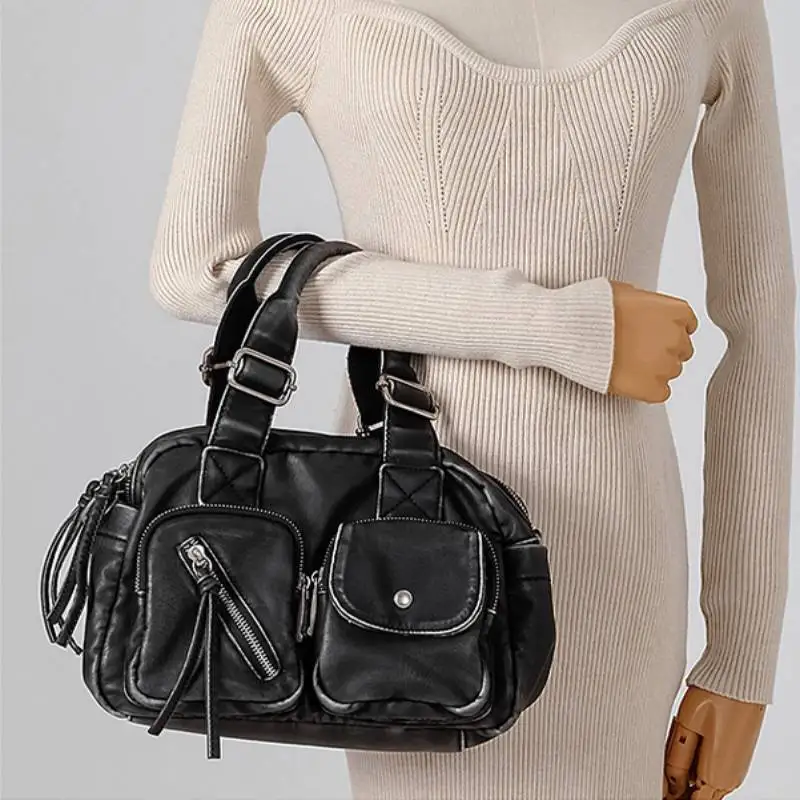 

Сумка для боулинга Boston с несколькими карманами, моющаяся сумка через плечо из мягкой кожи, большая вместительная женская винтажная мотоциклетная байкерская сумка-тоут