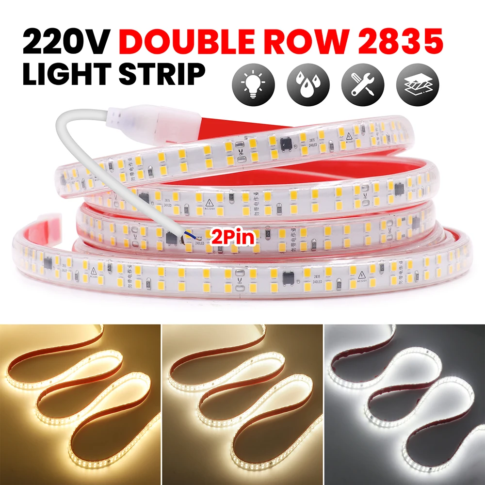 

AC 2835 LED Strip Light 220V With 2Pin Wire 240LEDs/m High Brightness Flexible Tape Waterproof 3000K 4000K 6000K Home Decoration