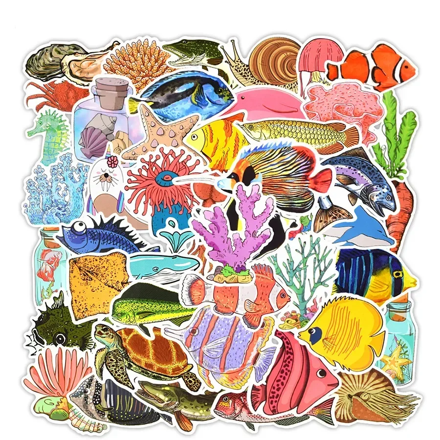 50Pcs Ocean World Stickers Laptop Fishes Coral Turtle Marine Animal Stickers Fish Decals for Laptops Notebook Guitar Tabtles Car