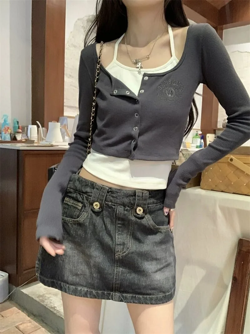 Damen Koreanischer Ins-Stil Reines Y2K Hot Girl Neckholder Langarm-T-Shirt Frühling Herbst Neues Slim-Fit Schulter-Fake-Zweiteiler-Oberteil – Detail 10