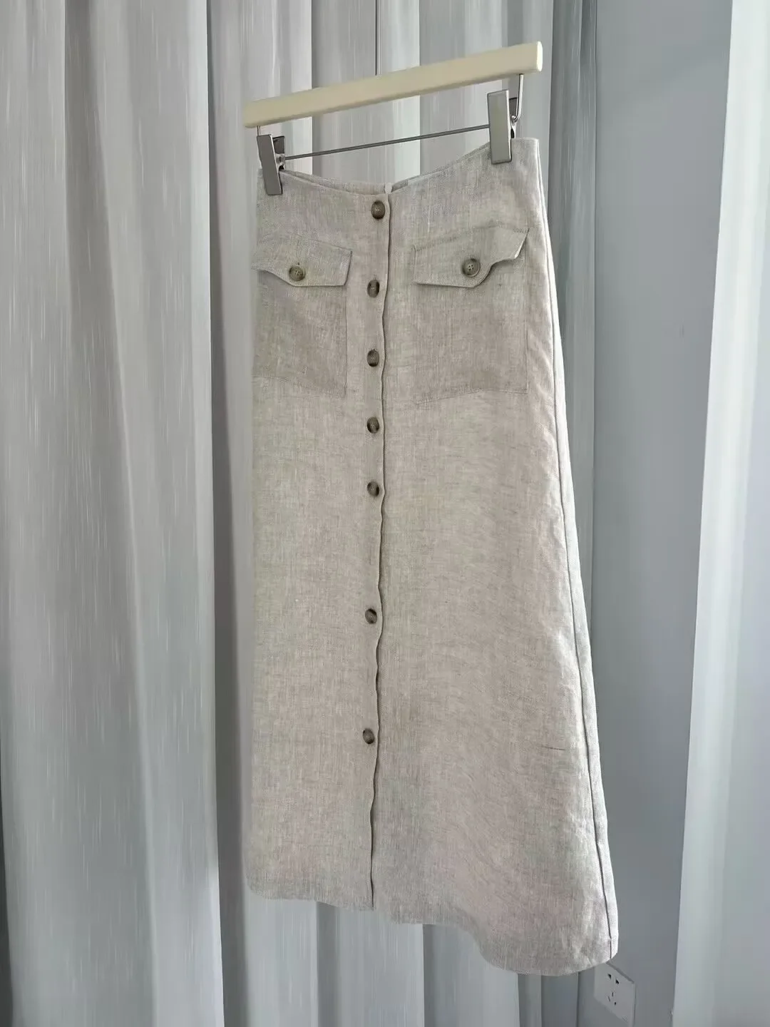 100% リネン女性カジュアルミディスカート 2 色シングルブレストハイウエストストレートファッションレディースジュープ