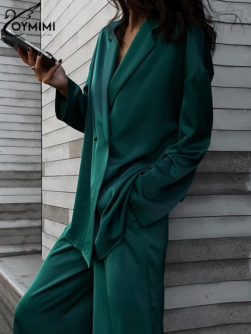 Oymimi Fashion Long Sleeve Shirts 2 Piece Sets Women Casual Loose Green Satin Pants Set Elegant High Waist Wide Trousers Suits