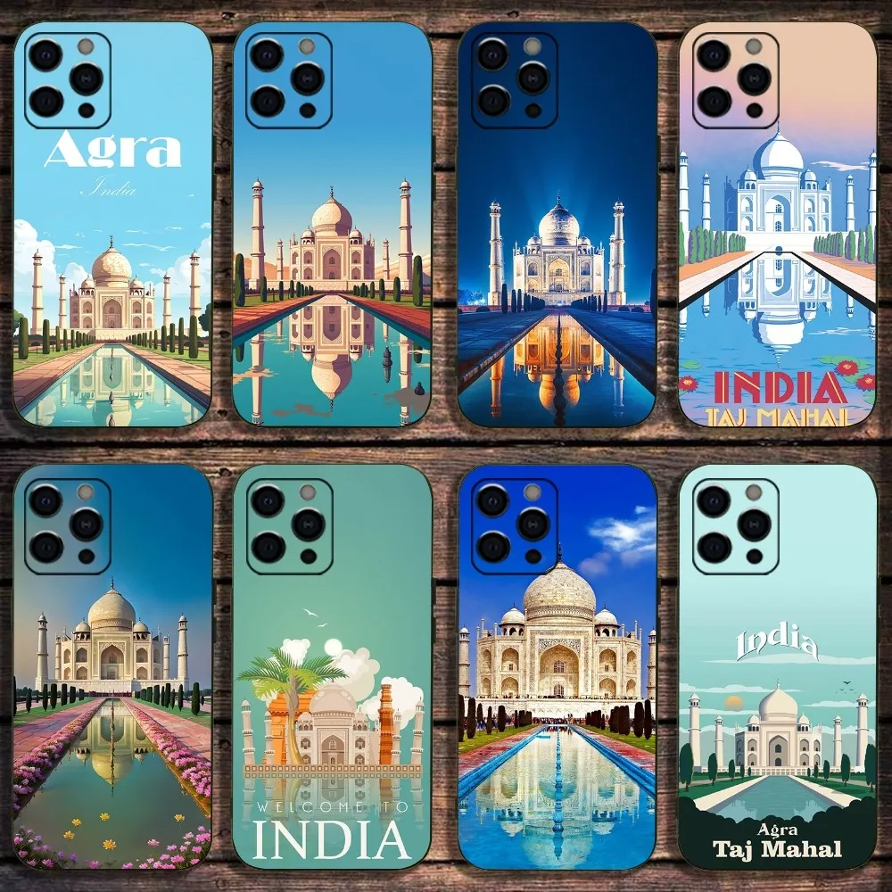 Taj Mahal India Tourist Attractions Phone Case For Apple iPhone 15,14,13,12,11,Pro,X,XS,Max,XR,Plus,Mini Soft Black Cover